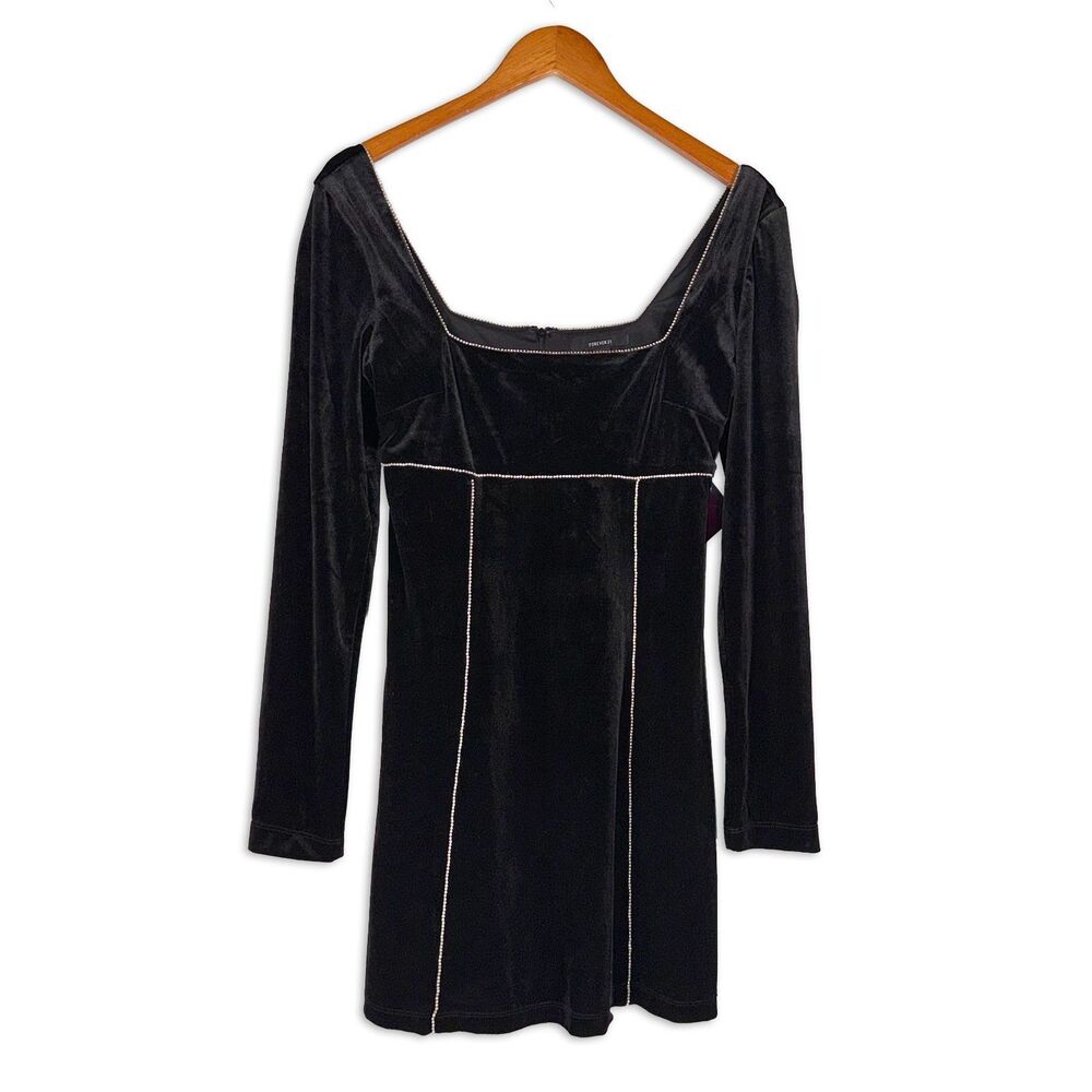 NWT Forever 21 Velvet Mini Dress Crystal Trim Party Cocktail Goth Coquette L